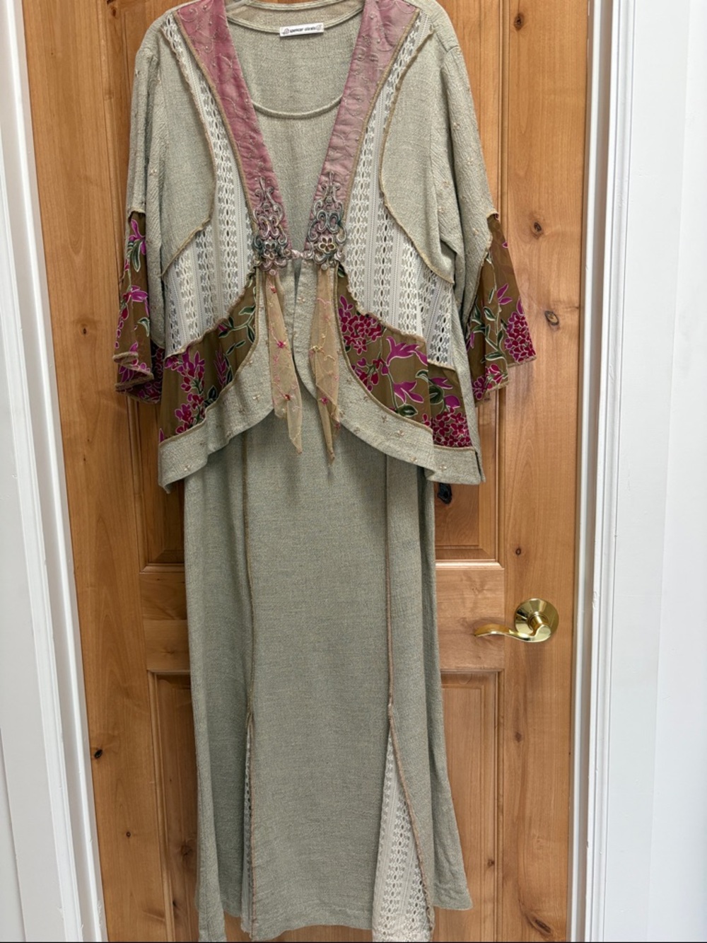 Spencer Alexis, two-piece Sage Maxi Dress with Pink Floral Accents